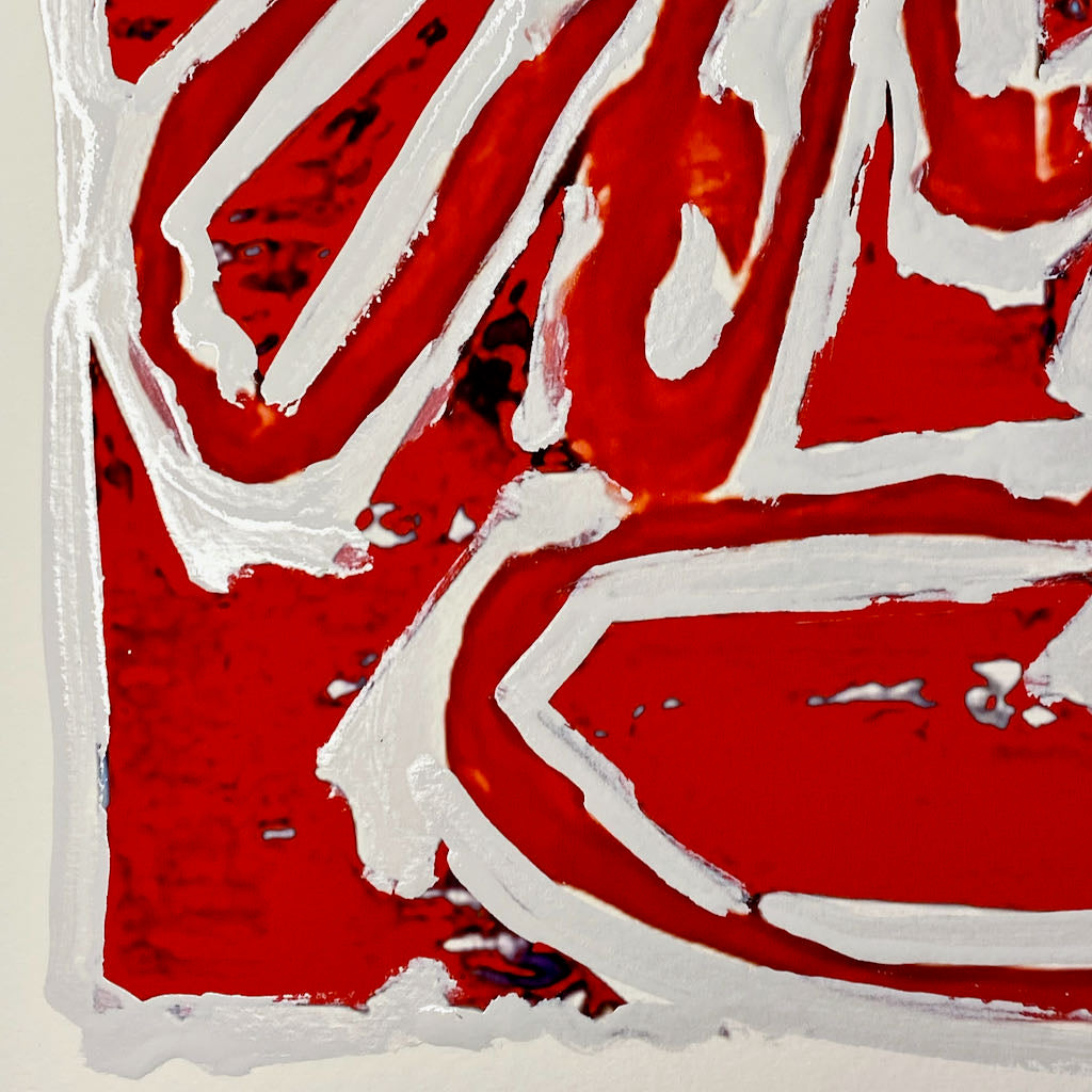 "Tavarua Kava Ghosts Red No 2" 2021© by Robert Santore | Hand painted limited edition mono-print on the finest archival hot press cotton rag paper with hand torn edges. Each one is slightly different and is an original on it's own. Painted the Texas studio.