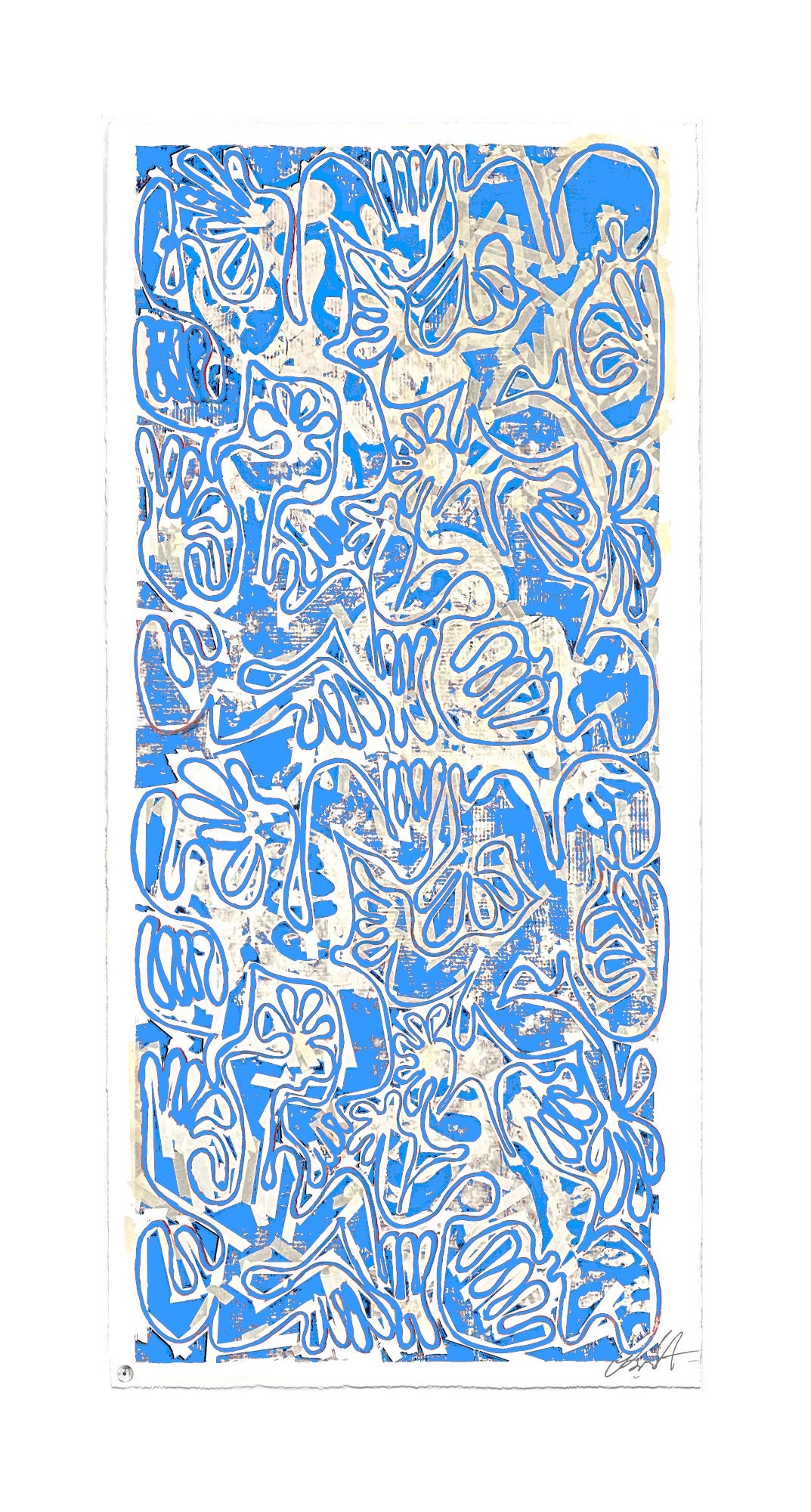 "Covid Chaos Pacific Blue (40 x 100in)" by Robert Santore ©2022. Framed, Hand painted artist silkscreen print, hand printed on the finest archival cold press cotton rag paper with hand torn edges. Painted in the Manhattan studio.