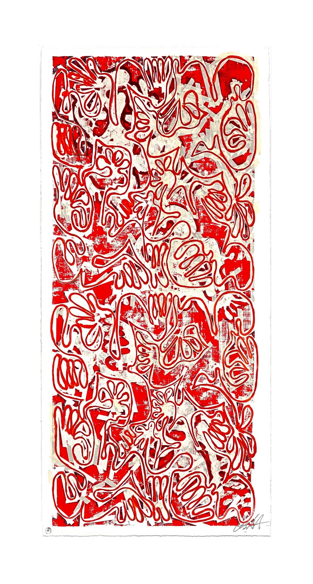 "Covid Chaos Pacific Red (40 x 100in)" by Robert Santore ©2022. Framed, Hand painted artist silkscreen print, hand printed on the finest archival cold press cotton rag paper with hand torn edges. Painted in the Manhattan studio.