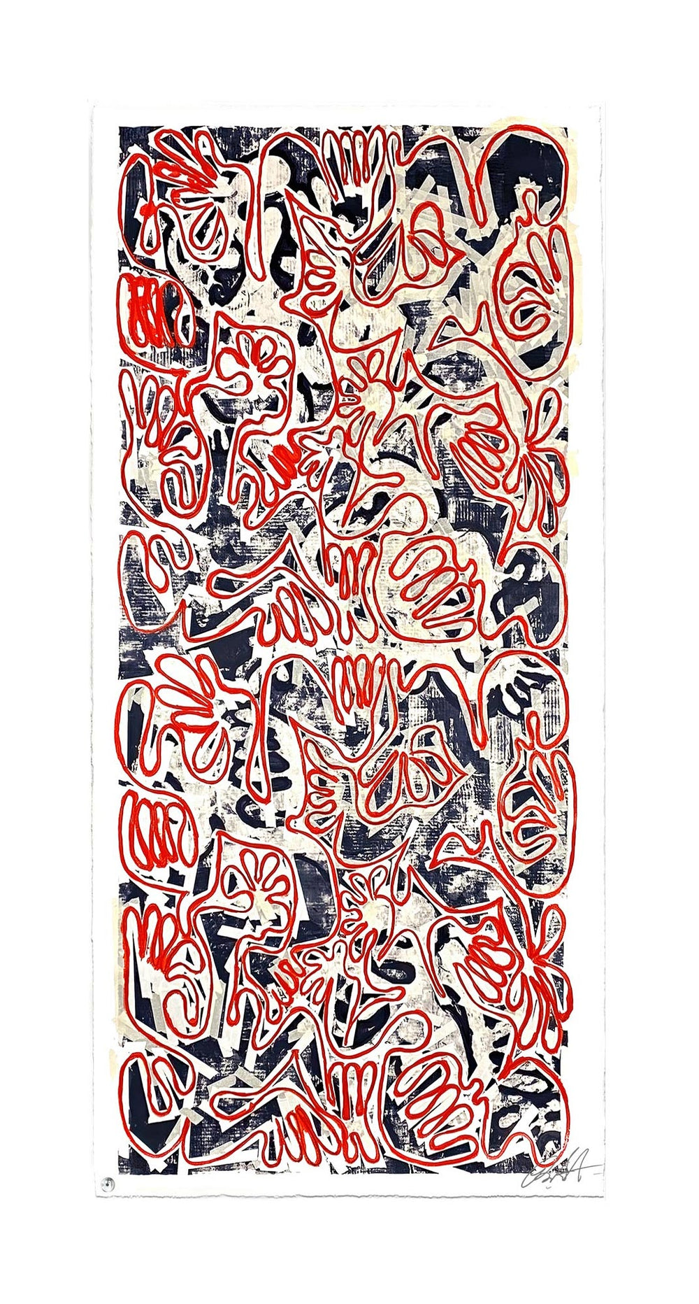 "Covid Chaos Red White & Blue (40 x 100in)" by Robert Santore ©2022. Framed, Hand painted artist silkscreen print, hand printed on the finest archival cold press cotton rag paper with hand torn edges. Painted in the Manhattan studio.