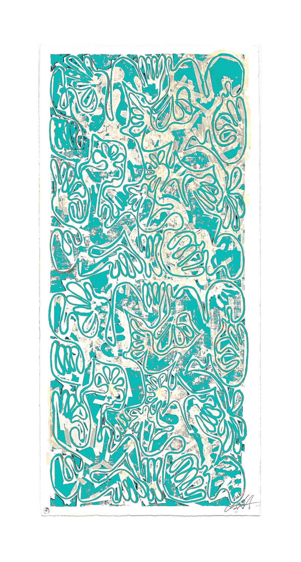 "Covid Chaos Tiffany Blue No 1" by Robert Santore ©2021. Framed, Hand painted artist silkscreen print, hand printed on the finest archival cold press cotton rag paper with hand torn edges. Painted in the Texas studio.
