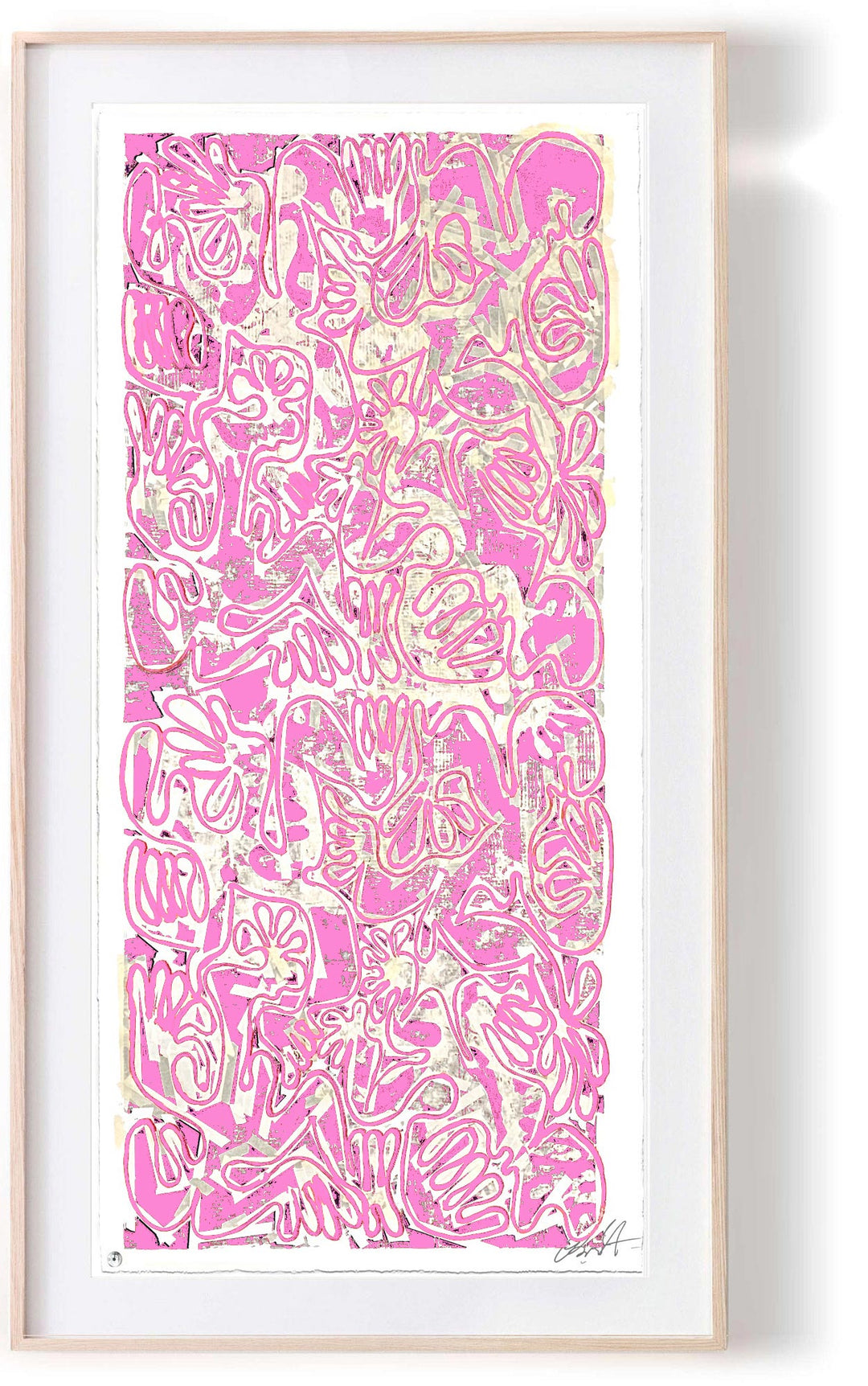 "COVID CHAOS Covid Bazooka Bubblegum Pink No 1" by Robert Santore ©2021. Framed, Hand painted artist silkscreen print, hand printed on the finest archival cold press cotton rag paper with hand torn edges. Painted in the Texas studio.