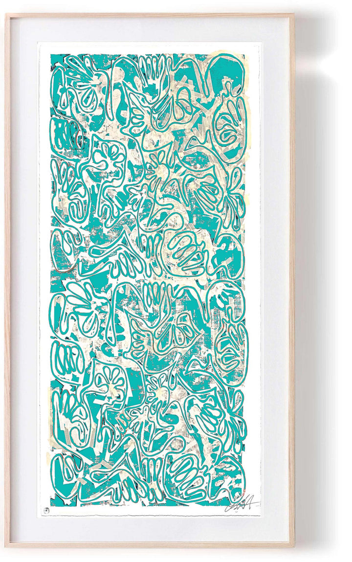 "Covid Chaos Tiffany Blue No 1" by Robert Santore ©2021. Framed, Hand painted artist silkscreen print, hand printed on the finest archival cold press cotton rag paper with hand torn edges. Painted in the Texas studio.