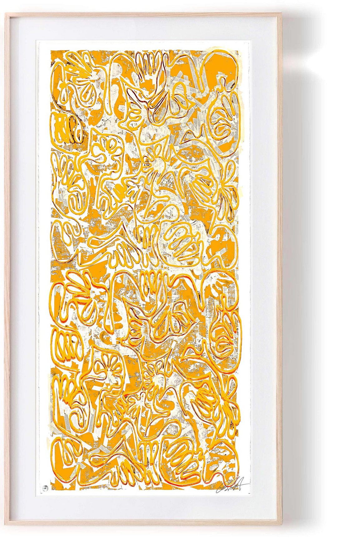 "COVID CHAOS Versace Gold No 1" by Robert Santore ©2021. Framed, Hand painted artist silkscreen print, hand printed on the finest archival cold press cotton rag paper with hand torn edges. Painted in the Texas studio.