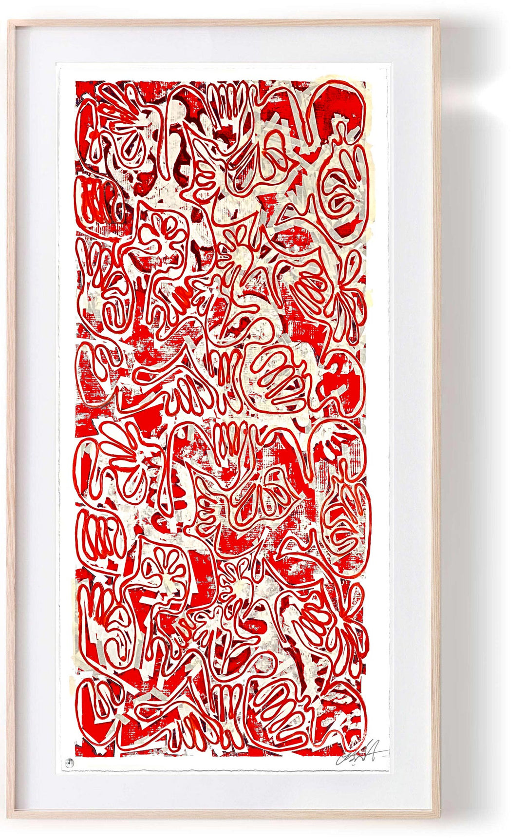 "Covid Chaos Pacific Red (40 x 100in)" by Robert Santore ©2022. Framed, Hand painted artist silkscreen print, hand printed on the finest archival cold press cotton rag paper with hand torn edges. Painted in the Manhattan studio.
