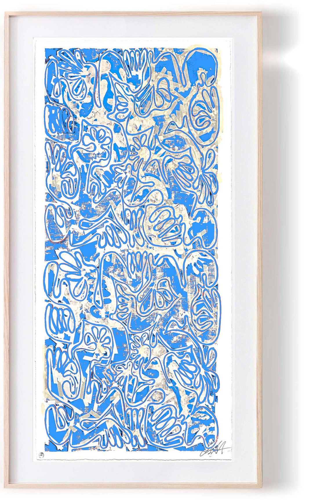 "Covid Chaos Pacific Blue (40 x 100in)" by Robert Santore ©2022. Framed, Hand painted artist silkscreen print, hand printed on the finest archival cold press cotton rag paper with hand torn edges. Painted in the Manhattan studio.