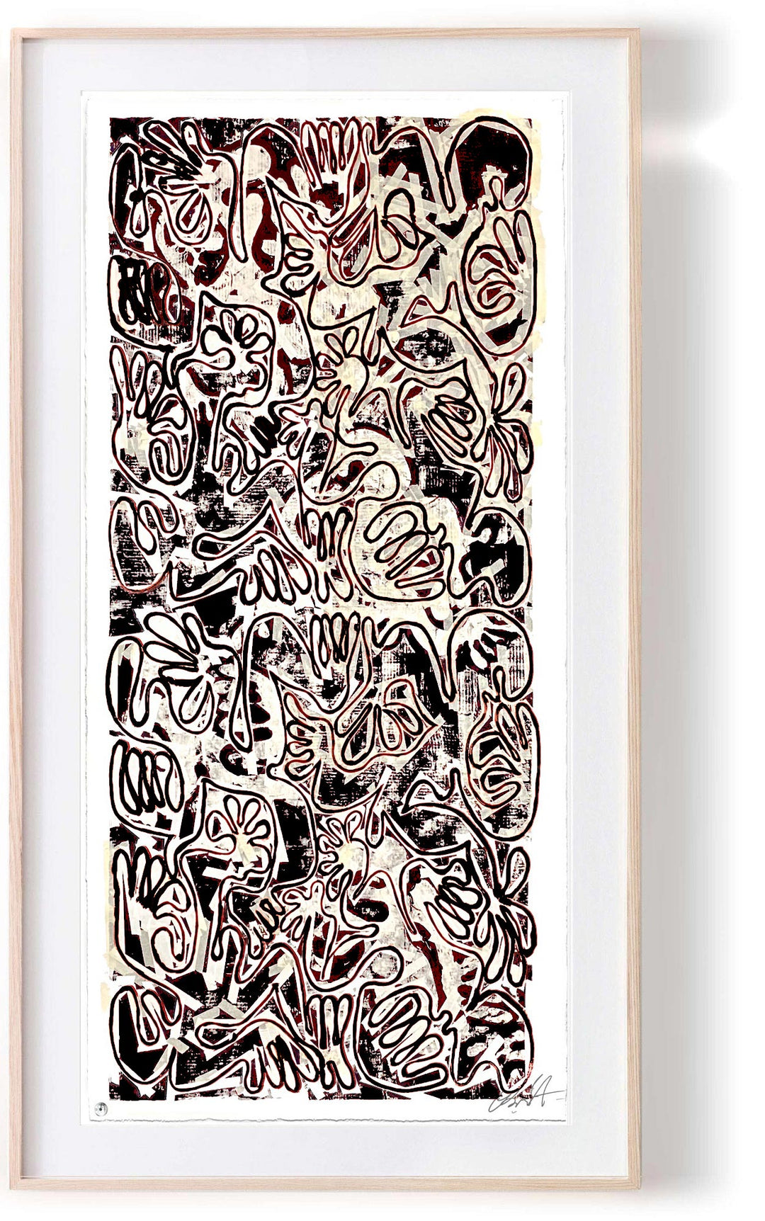 "Covid Chaos Eggplant (40 x 100in)" by Robert Santore ©2022. Framed, Hand painted artist silkscreen print, hand printed on the finest archival cold press cotton rag paper with hand torn edges. Painted in the Manhattan studio.