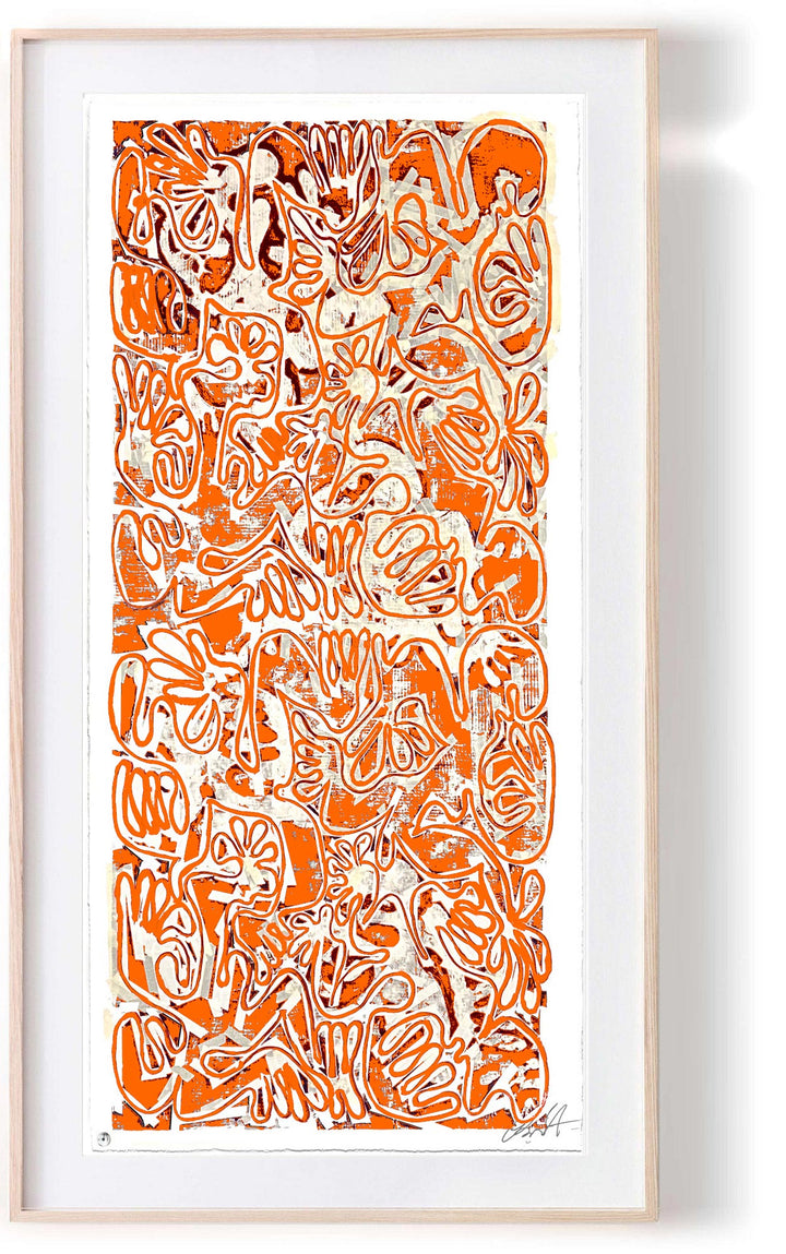 "Covid Hermés Orange (40 x 100in)" by Robert Santore ©2022. Framed, Hand painted artist silkscreen print, hand printed on the finest archival cold press cotton rag paper with hand torn edges. Painted in the Manhattan studio.