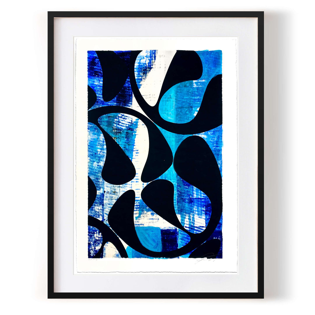 Ocean Blue No 1, by Robert Santore ©2020. Framed, hand painted artist proof monoprint, watercolor and gouache on the finest archival hot press cotton rag paper with hand torn edges. Available as a limited edition giclée.