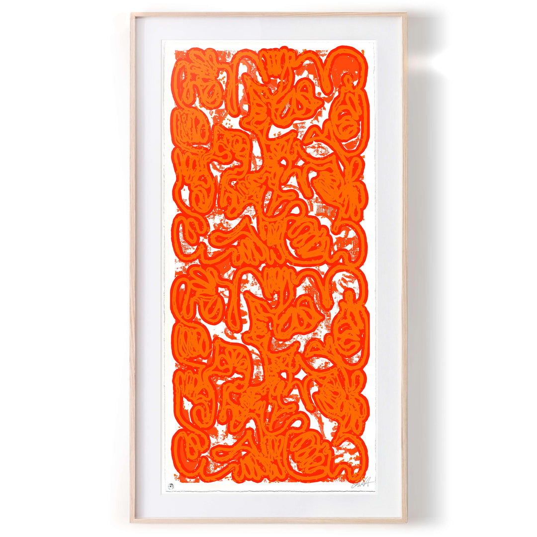 "PAN AM 69 Orange No 1" by Robert Santore ©2021. Framed, Hand painted artist silkscreen print, hand printed on the finest archival cold press cotton rag paper with hand torn edges. Painted in the Texas studio.