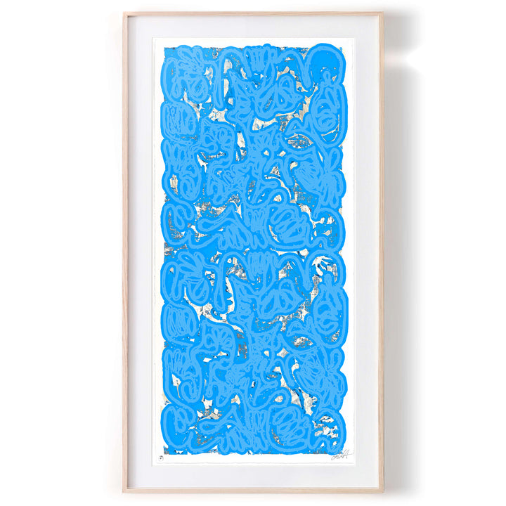 "PAN AM 69" Blue No 1 by Robert Santore ©2021. Framed, Hand painted artist silkscreen print, hand printed on the finest archival cold press cotton rag paper with hand torn edges. Painted in the Texas studio.