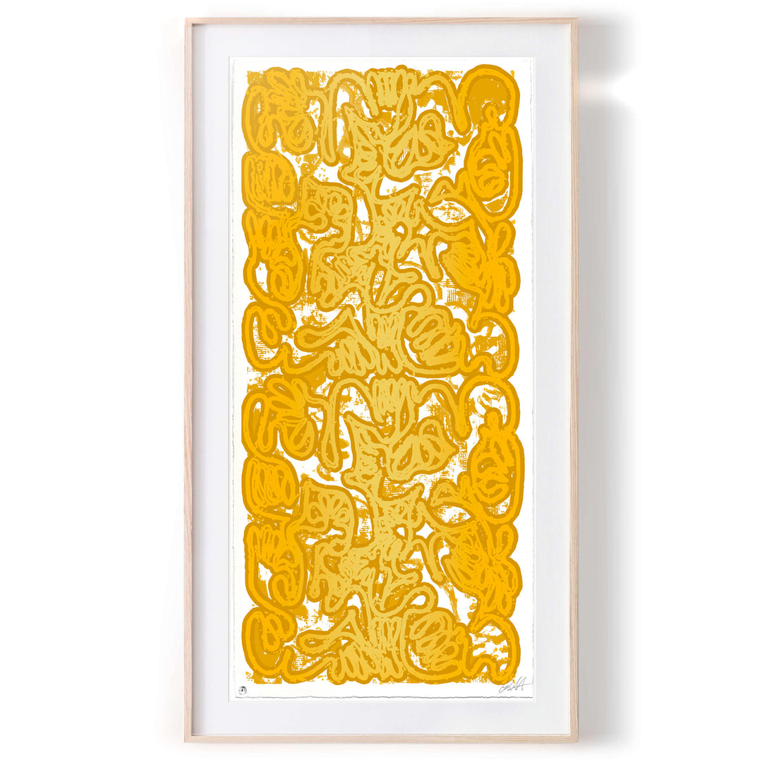 "PAN AM 69 Versace Gold No 1" by Robert Santore ©2021. Framed, Hand painted artist silkscreen print, hand printed on the finest archival cold press cotton rag paper with hand torn edges. Painted in the Texas studio.