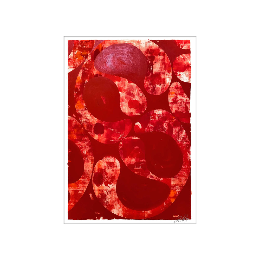 Red Rain 2020 No.2, by Robert Santore ©2020. Framed, hand painted artist proof monoprint, watercolor and gouache on the finest archival hot press cotton rag paper with hand torn edges. Available as a limited edition giclée.